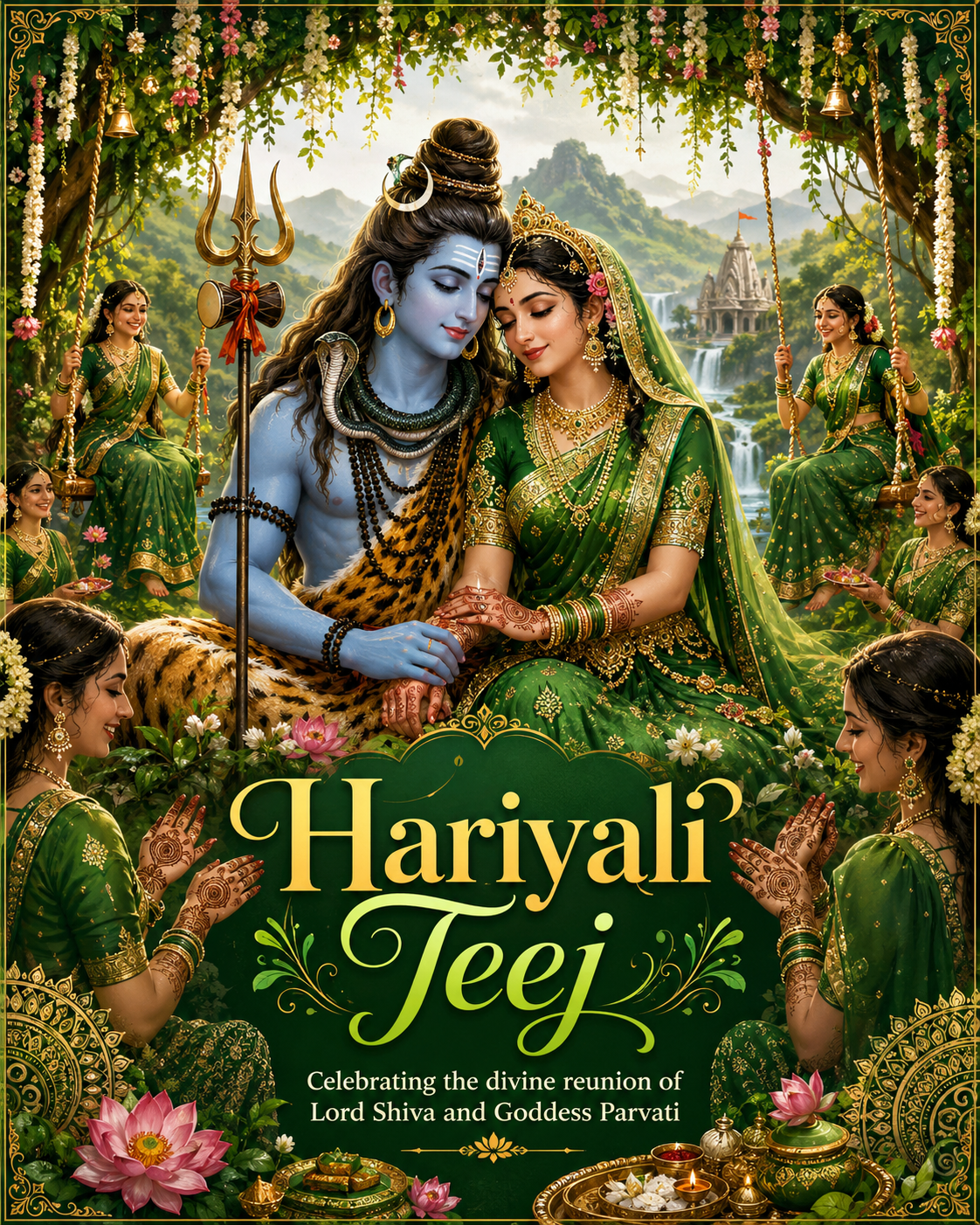 Hariyali Teej artwork depicting Lord Shiva and Goddess Parvati amid monsoon greenery and decorated swings